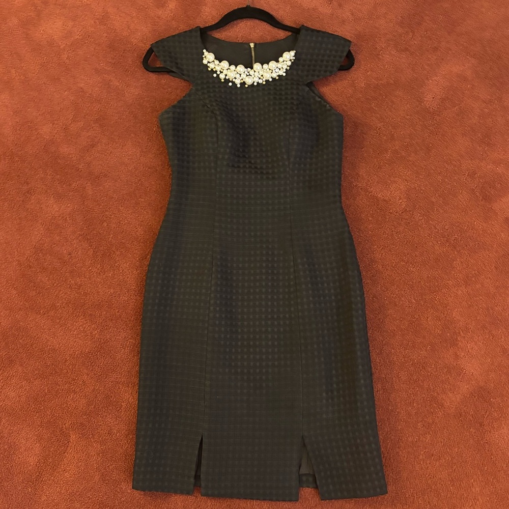 Mac Duggal Black Midi Dress with Pearl Embellishment